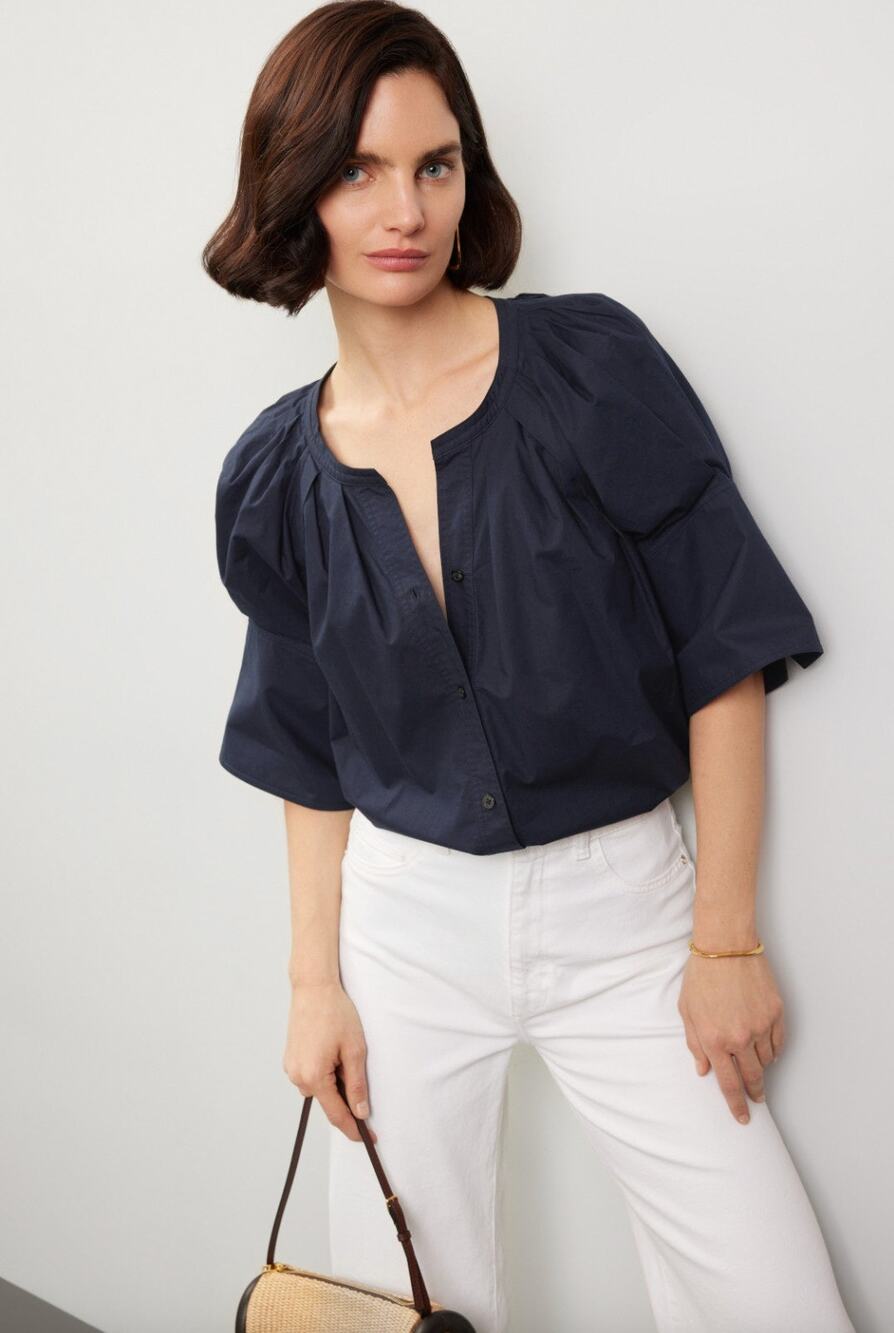 A.L.C. Chloe Navy Puff Sleeve Button Front Blouse Top Size 14